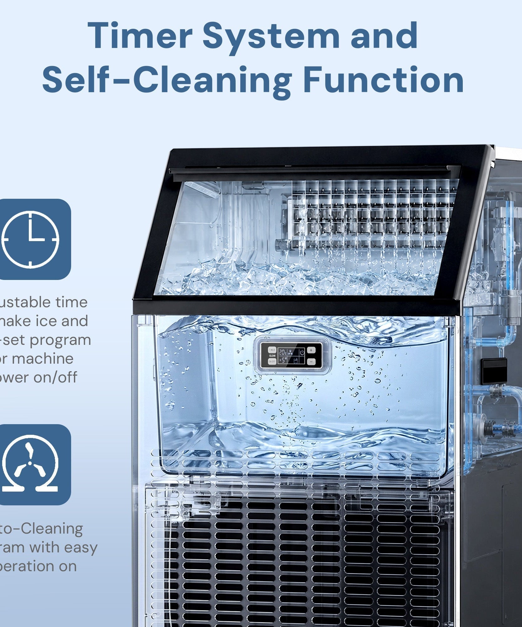 Commercial Ice Maker, Freestanding Square Ice Cube Maker 265lbs/24h, 55lbs Storage Bin, Full Heavy Duty Stainless Steel Construction