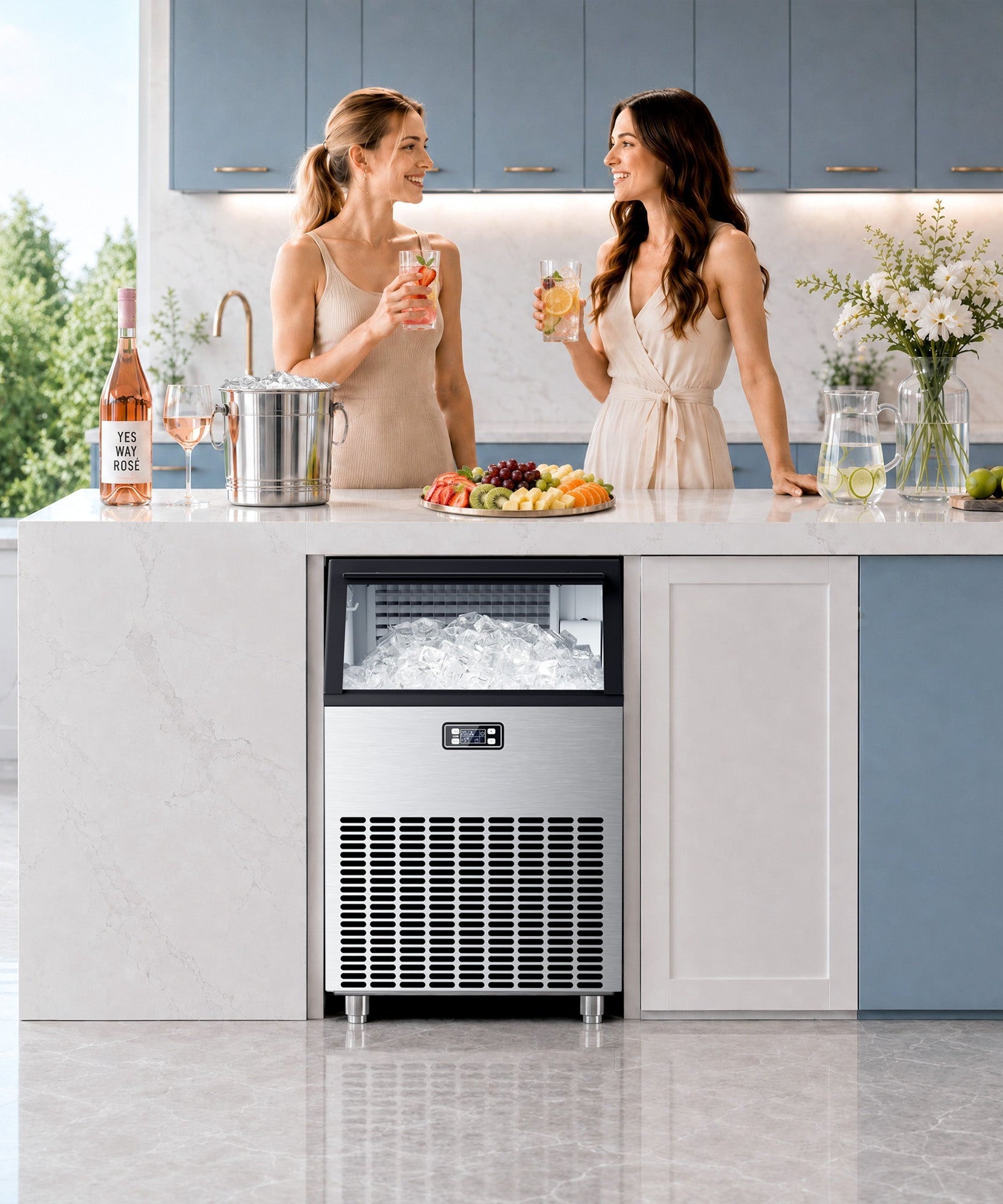 Commercial Ice Maker, Freestanding Square Ice Cube Maker 265lbs/24h, 55lbs Storage Bin, Full Heavy Duty Stainless Steel Construction