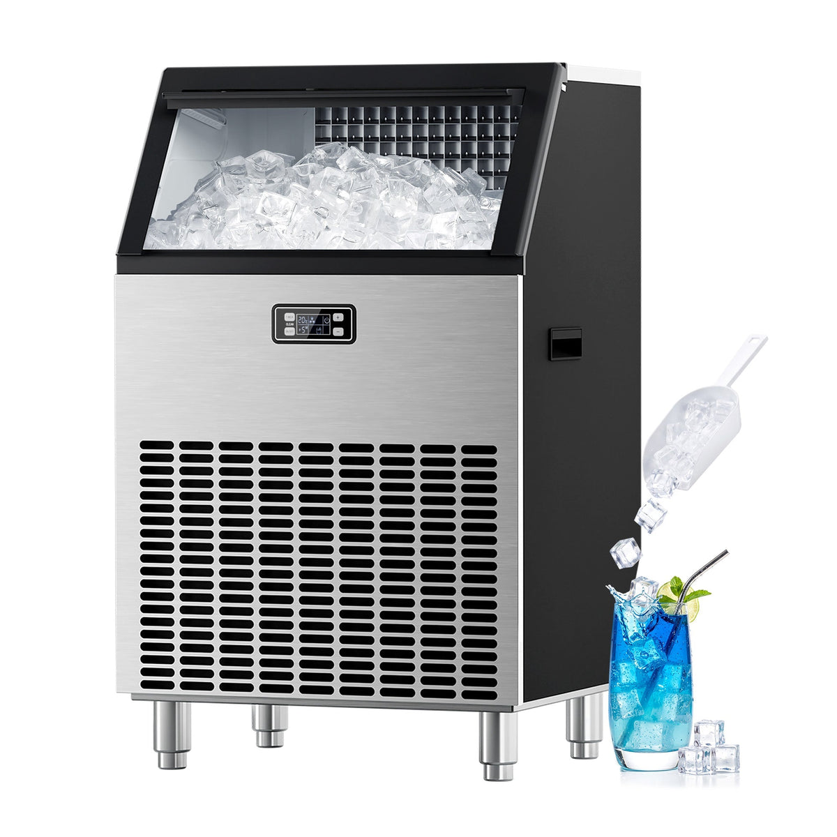Commercial Ice Maker, Freestanding Square Ice Cube Maker 265lbs/24h, 55lbs Storage Bin, Full Heavy Duty Stainless Steel Construction
