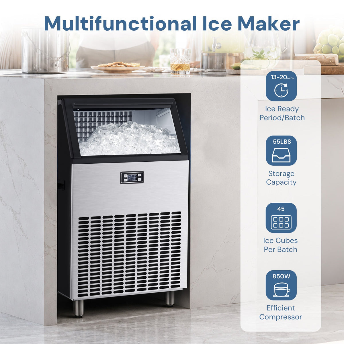 Commercial Ice Maker, Freestanding Square Ice Cube Maker 265lbs/24h, 55lbs Storage Bin, Full Heavy Duty Stainless Steel Construction