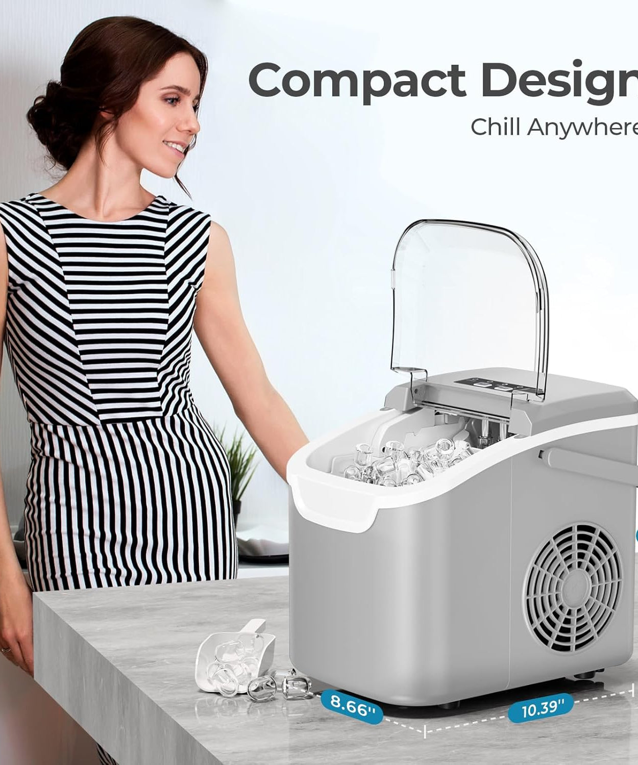 Kismile Ice Makers Countertop with Handle,8 Cubes in 6 Mins,Portable Ice Machine with Self-Cleaning for Home 58012RIM0