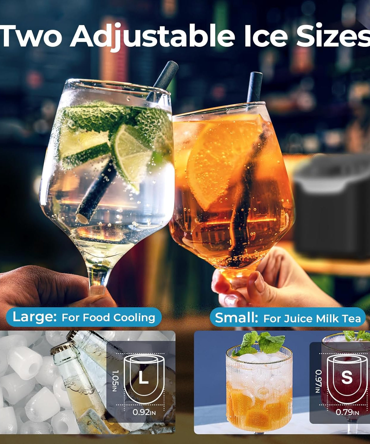 Kismile Ice Makers Countertop with Handle,26.5Lbs/24H,9 Cubes in 6 Mins,2 Sizes of Bullet Ice,Portable Machine with Self-Cleaning,Perfect for Home Kitchen(Black)