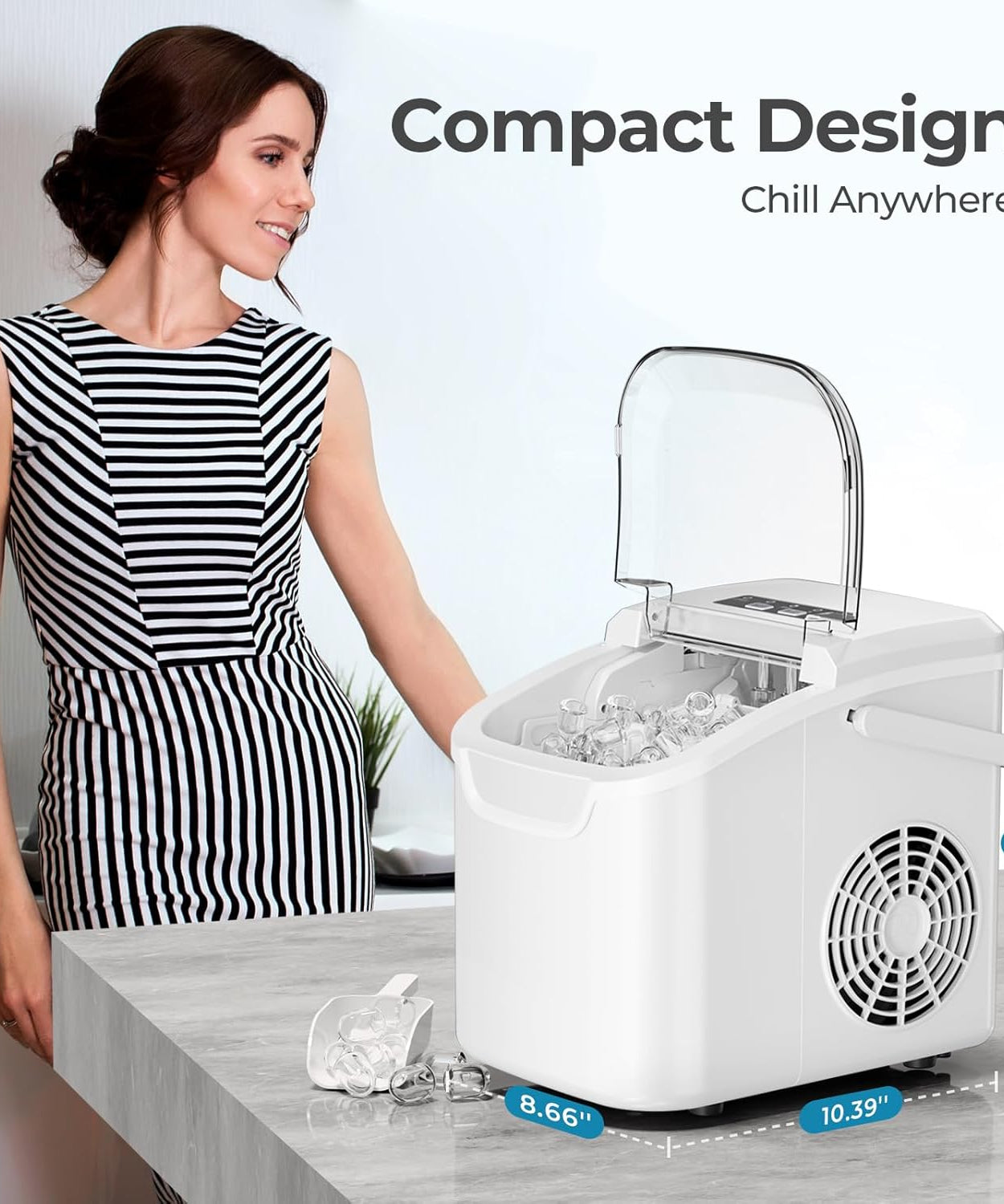 Kismile Ice Makers Countertop with Handle,26.5Lbs/24H,9 Cubes in 6 Mins,2 Sizes of Bullet Ice,Portable Machine with Self-Cleaning,Perfect for Home Kitchen(Black)