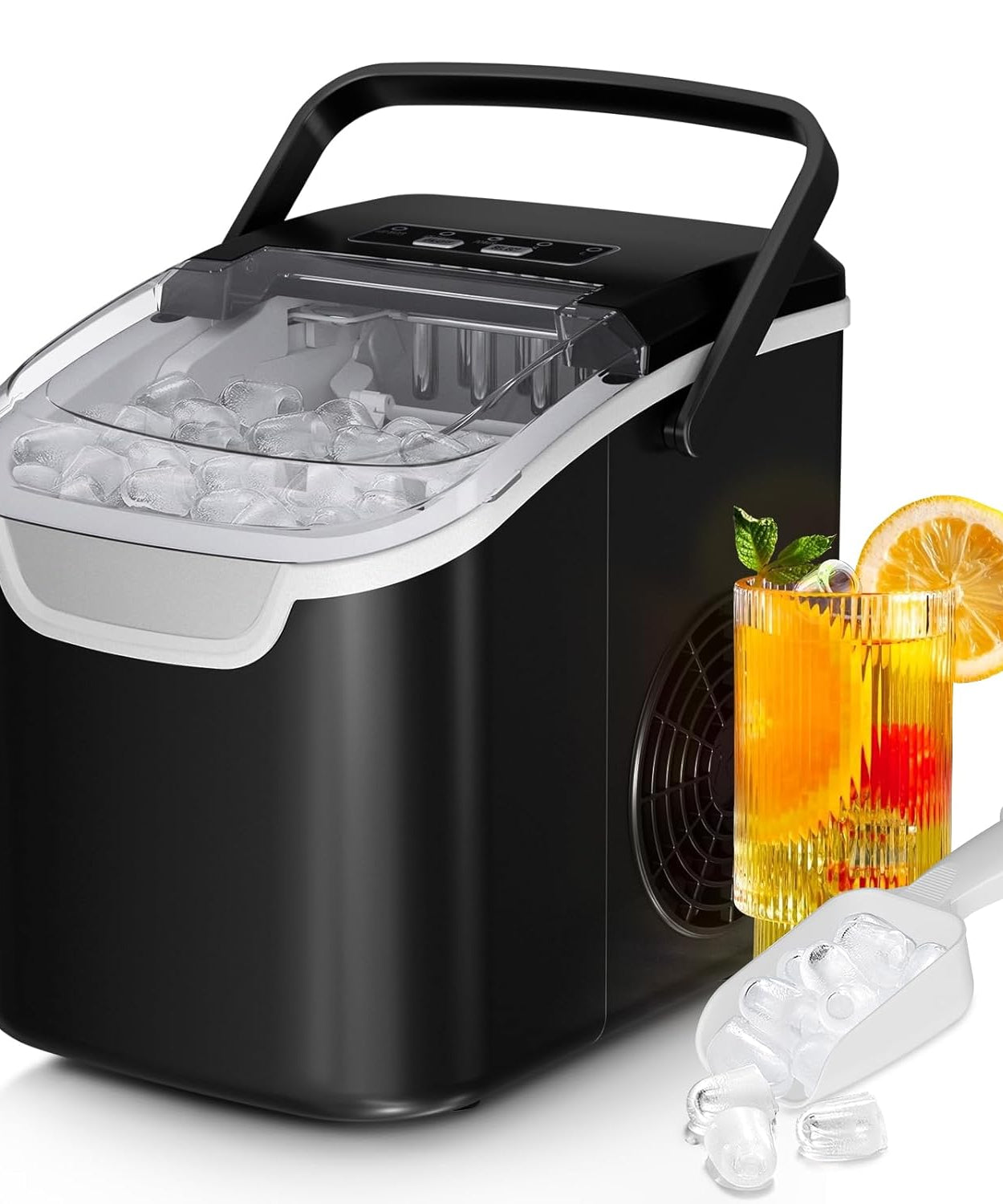 Kismile Ice Makers Countertop with Handle,26.5Lbs/24H,9 Cubes in 6 Mins,2 Sizes of Bullet Ice,Portable Machine with Self-Cleaning,Perfect for Home Kitchen(Black)