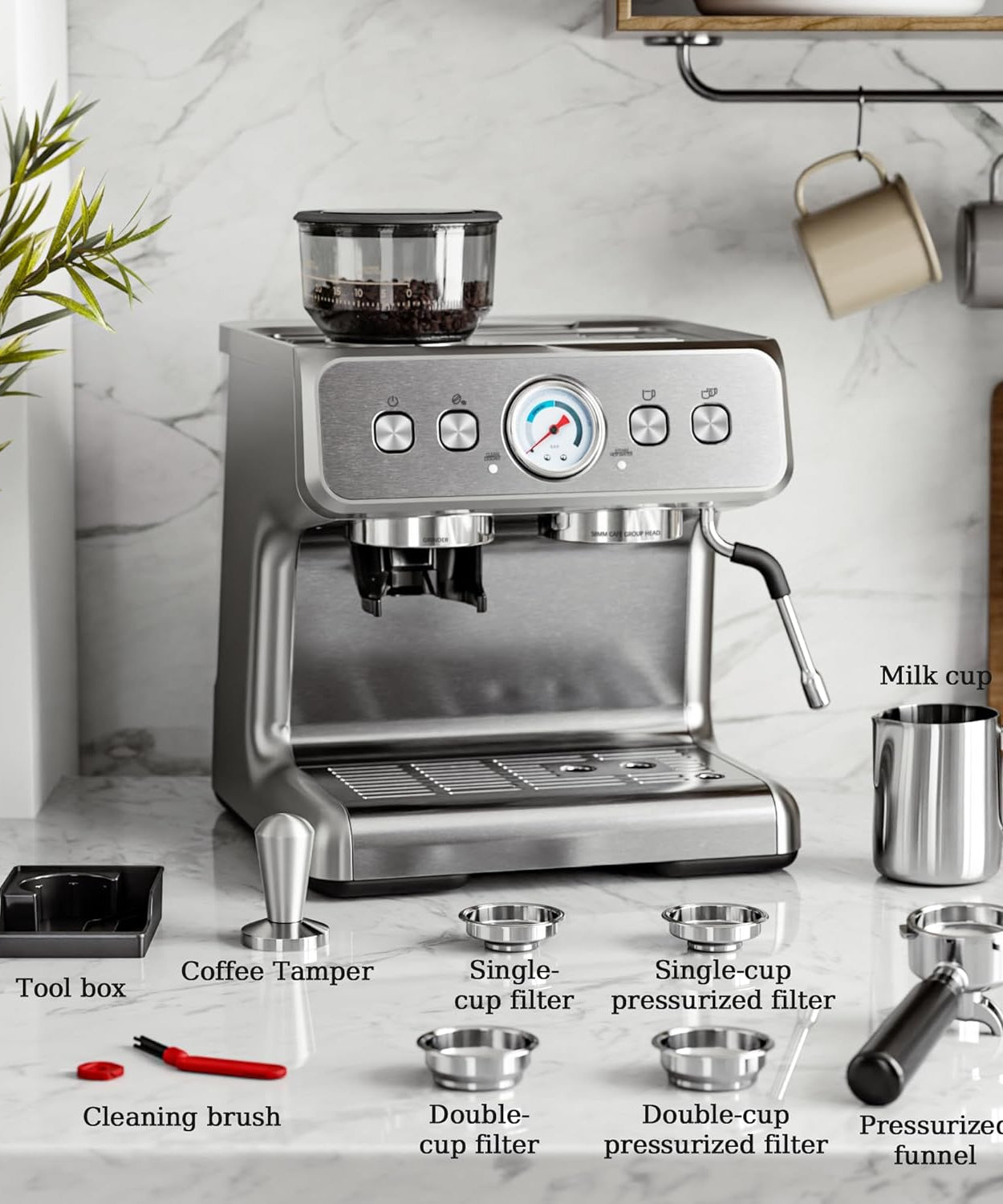 Espresso Machine ,Semi-Automatic Coffee Maker with Bean Grinder and Milk Frother Steam Wand CM8050 - Grazingbelles