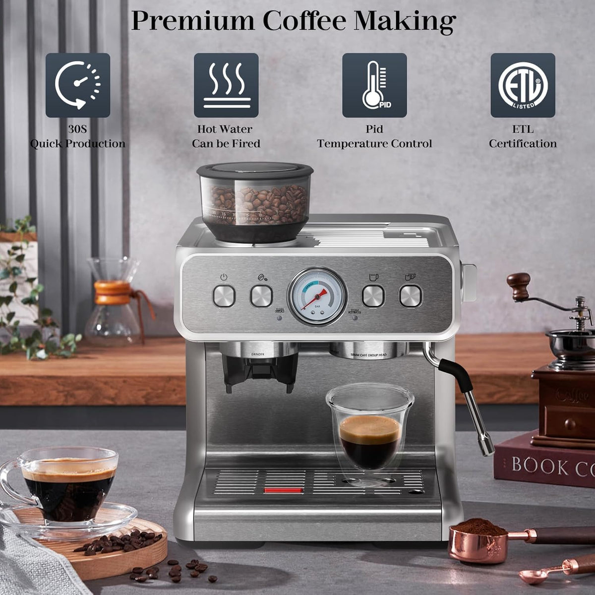 Espresso Machine ,Semi-Automatic Coffee Maker with Bean Grinder and Milk Frother Steam Wand CM8050 - Grazingbelles