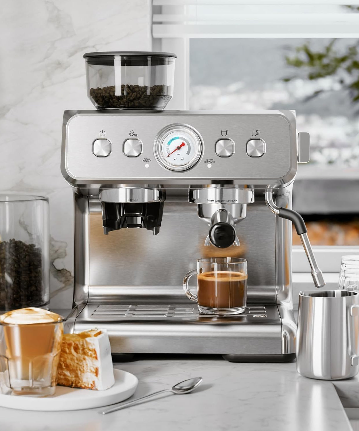 Espresso Machine ,Semi-Automatic Coffee Maker with Bean Grinder and Milk Frother Steam Wand CM8050 - Grazingbelles
