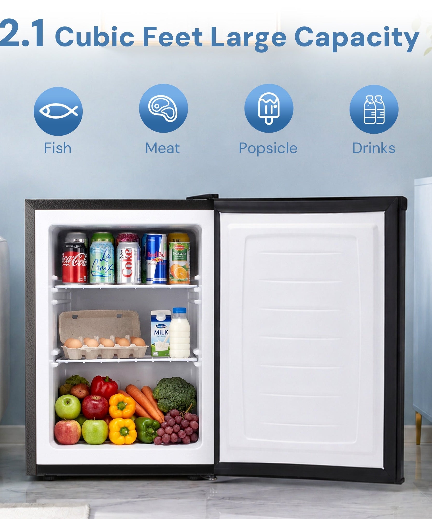 Free Standing Upright Freezer with Removable Shelf, Adjustable Thermostat, Compact Reversible Single Door Vertical Freezers