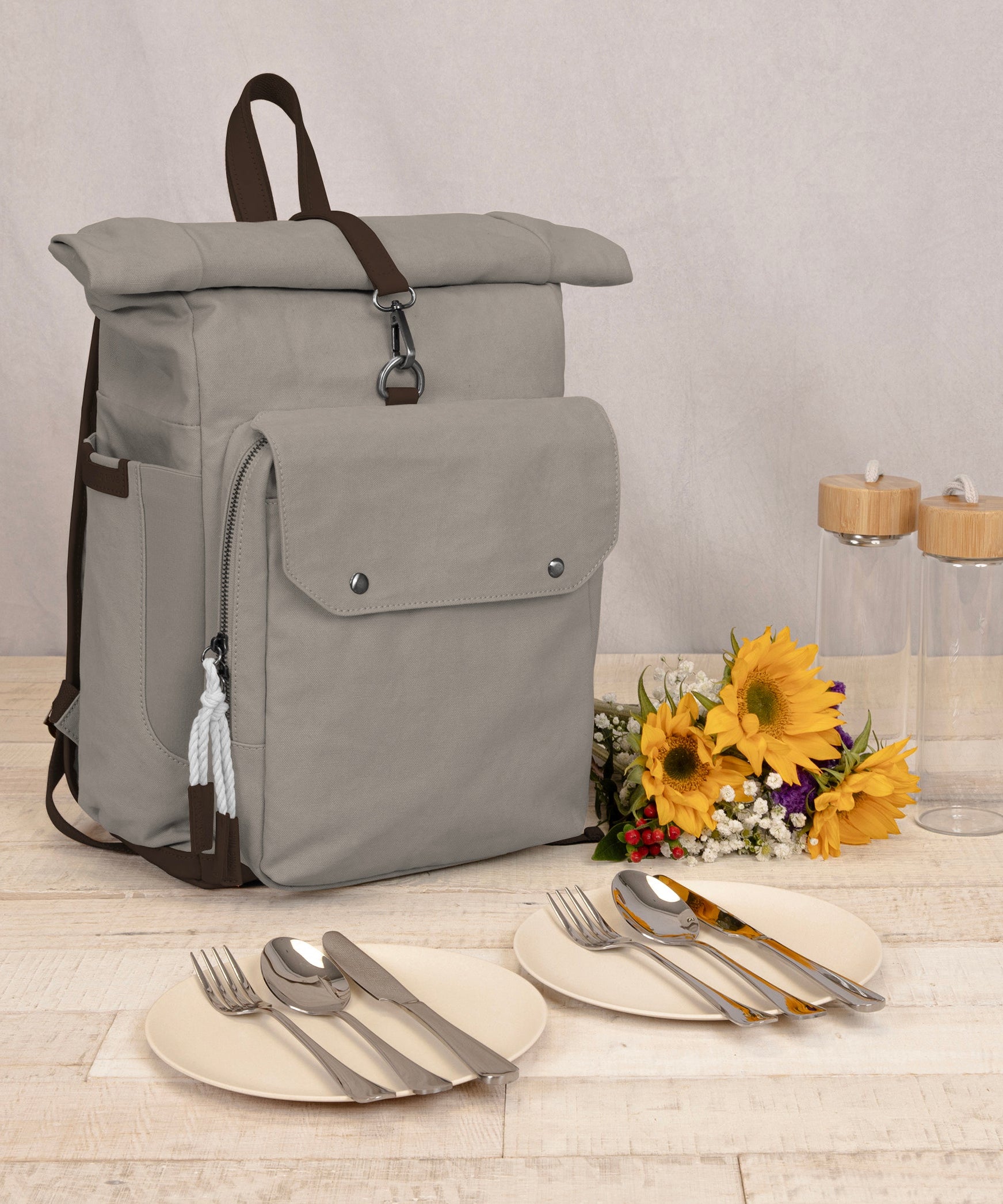 Carmel Roll Top Picnic Backpack Cooler with Utensil Set & Glass Water Bottles