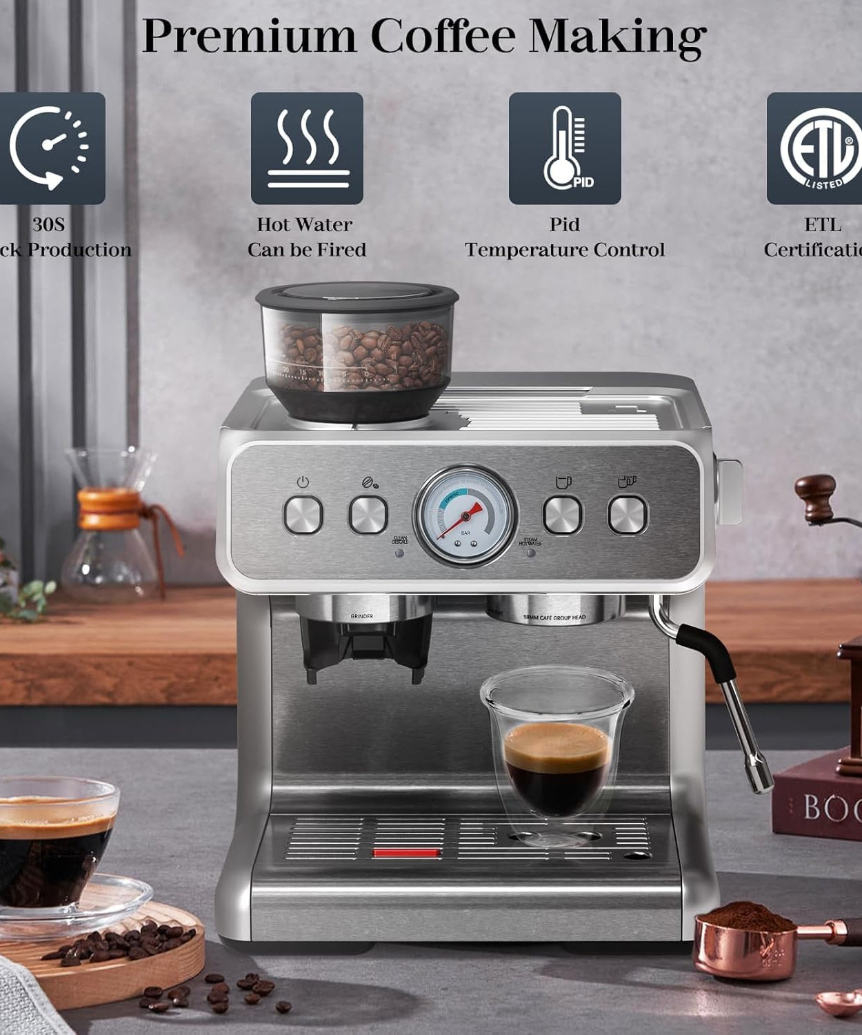 Kismile Espresso Machine, Semi-Automatic Coffee Maker with Bean Grinder and Milk Frother Steam Wand - Grazingbelles