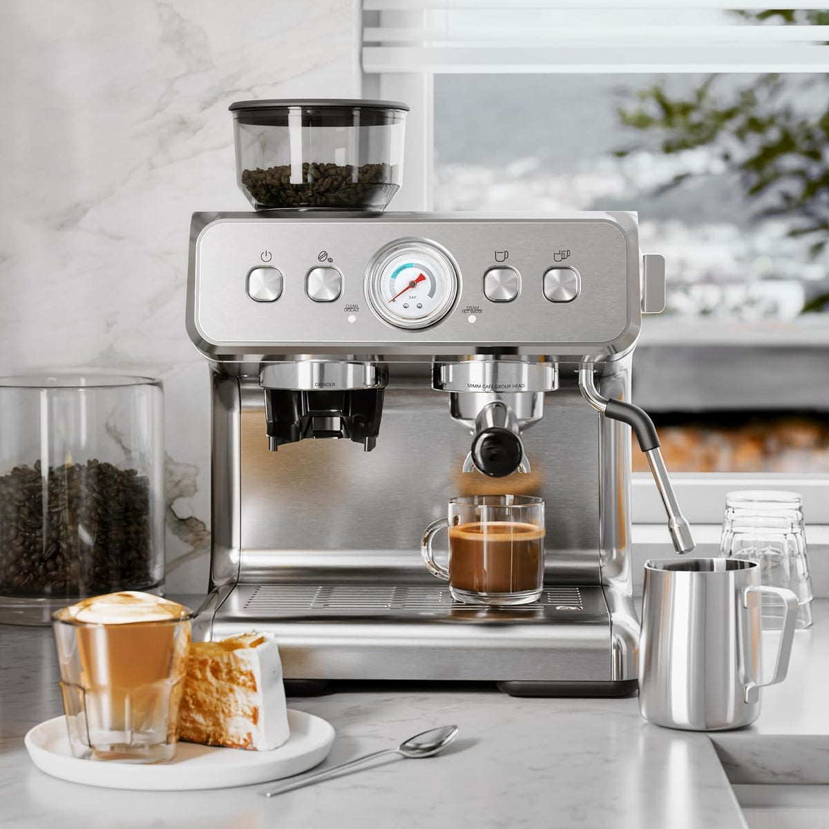 Kismile Espresso Machine, Semi-Automatic Coffee Maker with Bean Grinder and Milk Frother Steam Wand - Grazingbelles