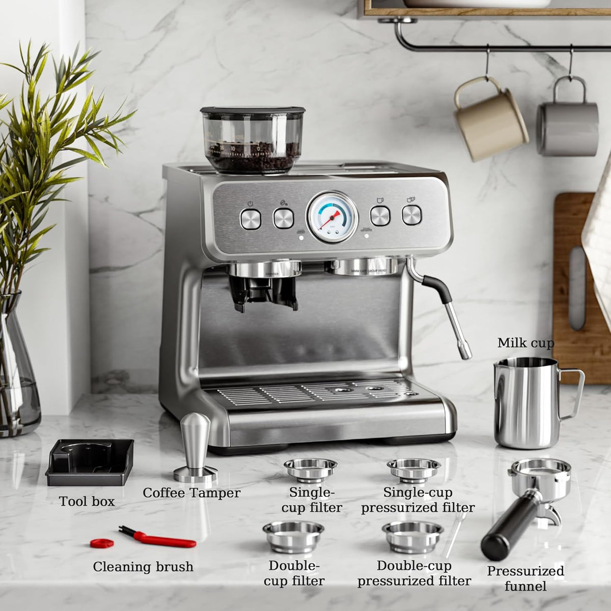 Kismile Espresso Machine, Semi-Automatic Coffee Maker with Bean Grinder and Milk Frother Steam Wand - Grazingbelles
