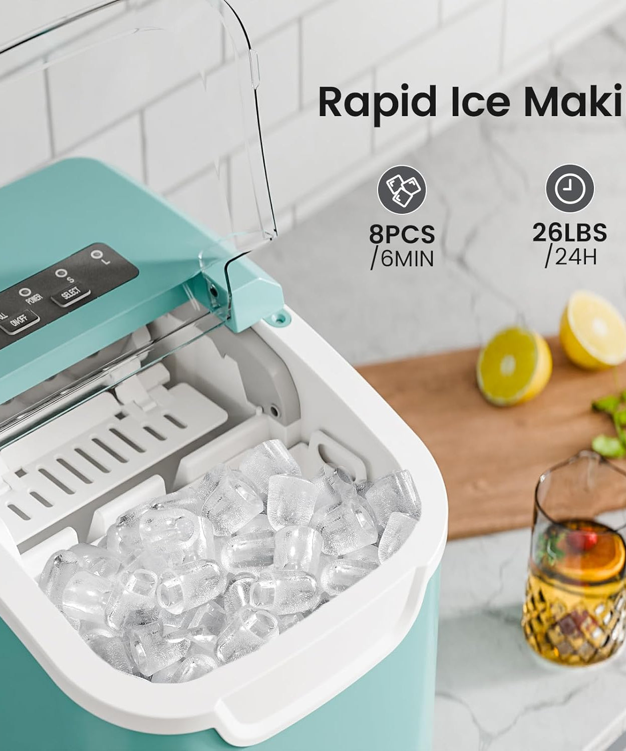 Kismile Ice Makers Countertop with Handle,8 Cubes in 6 Mins,Portable Ice Machine with Self-Cleaning for Home 58012RIM0