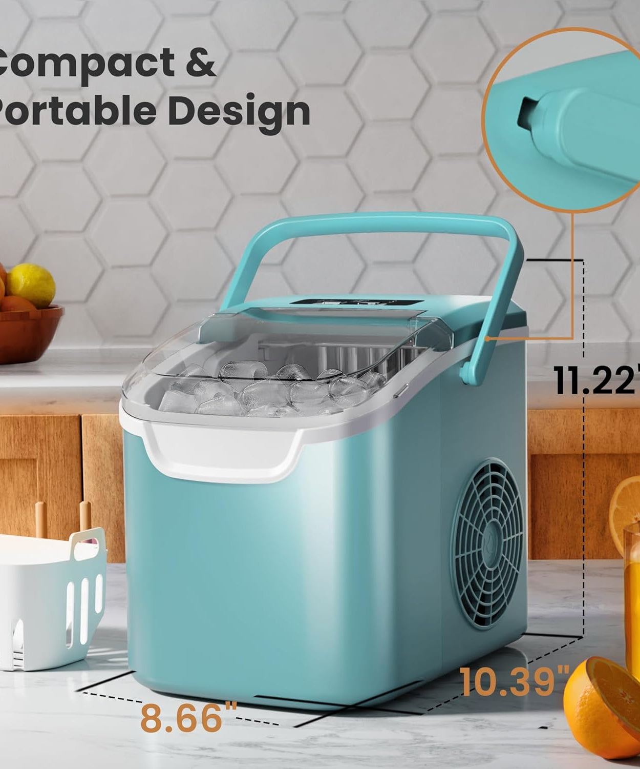 Kismile Ice Makers Countertop with Handle,8 Cubes in 6 Mins,Portable Ice Machine with Self-Cleaning for Home 58012RIM0