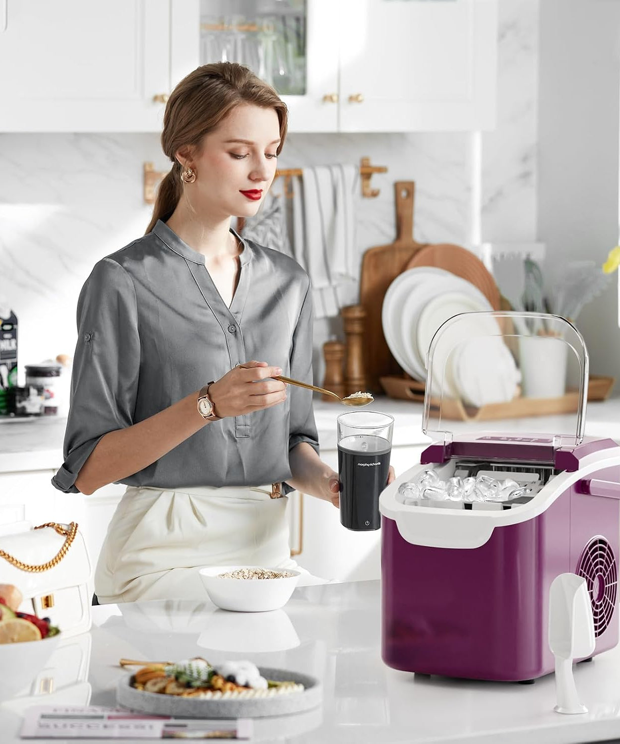 Kismile Ice Makers Countertop with Handle,8 Cubes in 6 Mins,Portable Ice Machine with Self-Cleaning for Home 58012RIM0