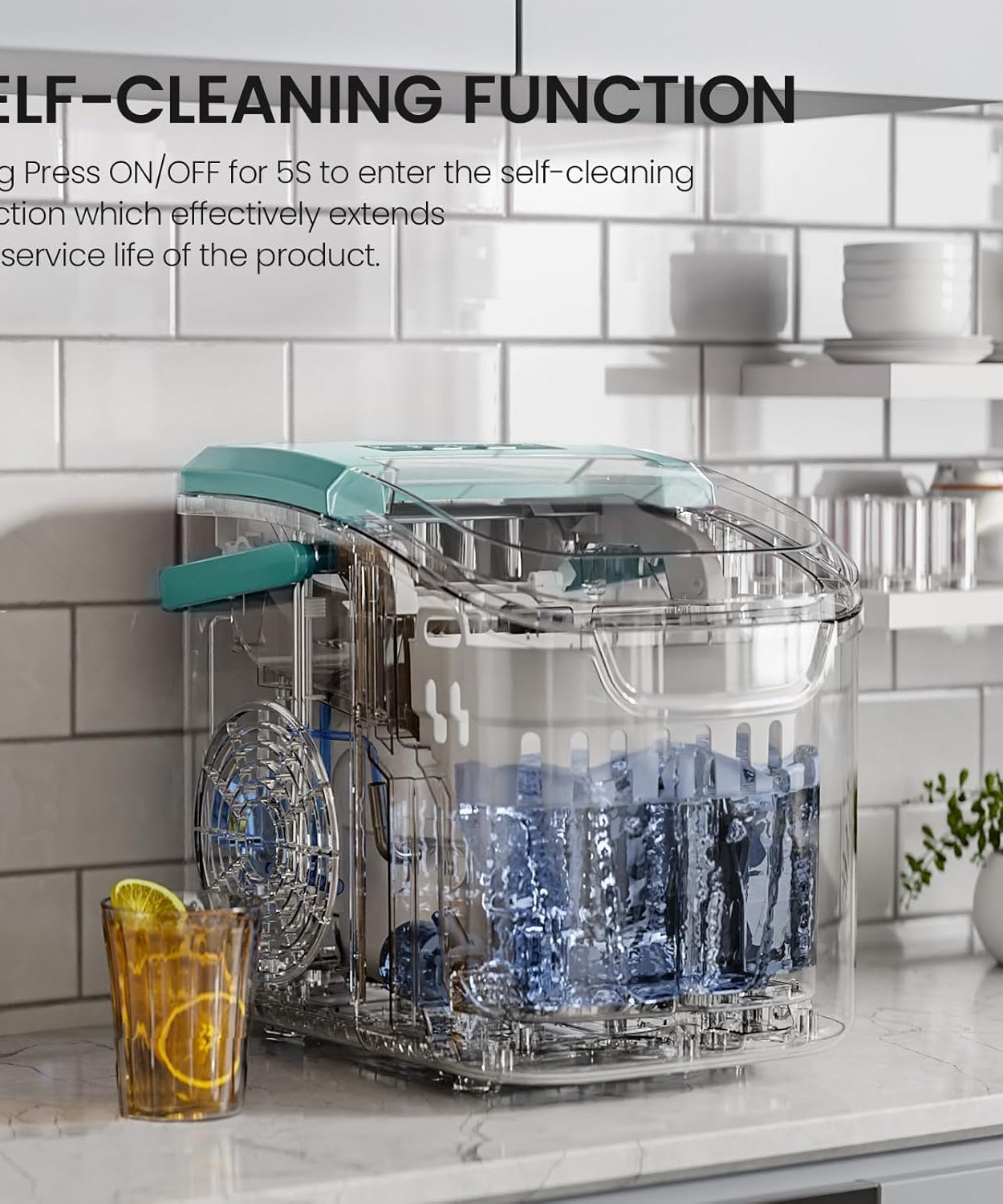 Kismile Ice Makers Countertop with Handle,8 Cubes in 6 Mins,Portable Ice Machine with Self-Cleaning for Home 58012RIM0