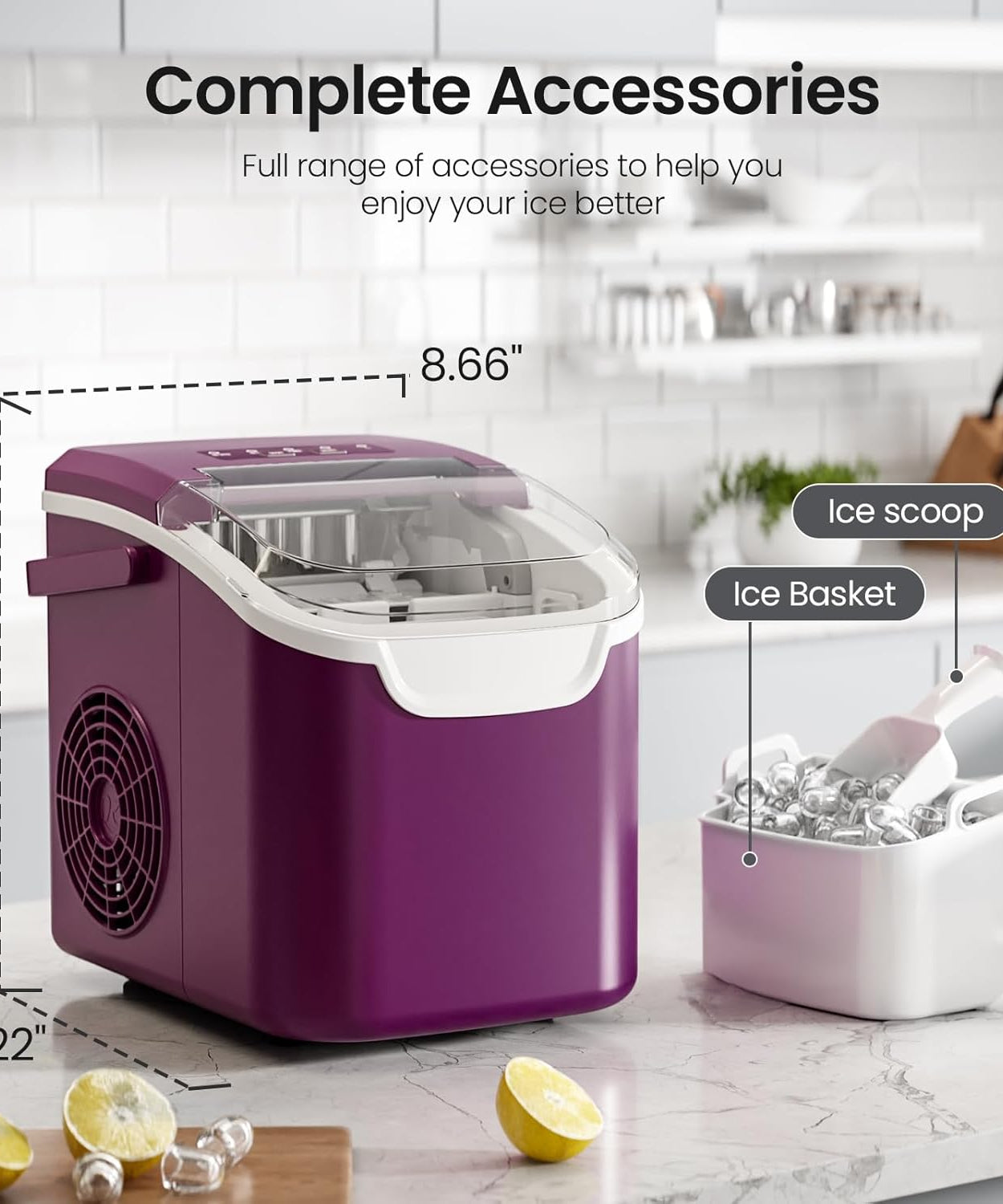 Kismile Ice Makers Countertop with Handle,8 Cubes in 6 Mins,Portable Ice Machine with Self-Cleaning for Home 58012RIM0