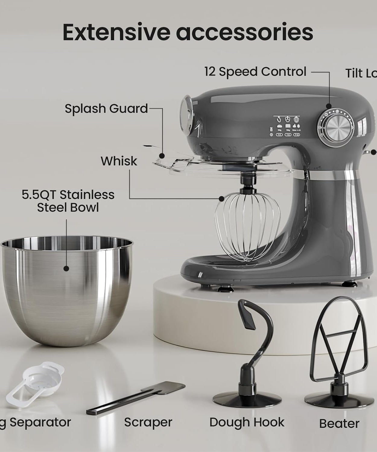 Kismile Stand Mixer, 5.5-Quart Electric Mixer with 12 Speeds CF3715 - Grazingbelles