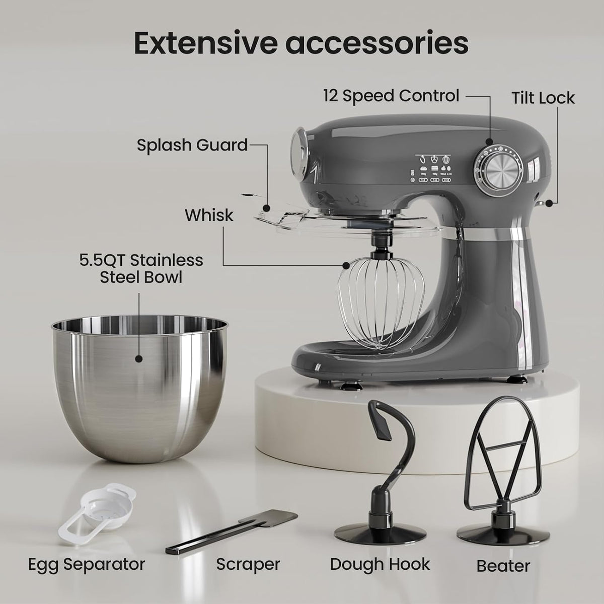 Kismile Stand Mixer, 5.5-Quart Electric Mixer with 12 Speeds CF3715 - Grazingbelles