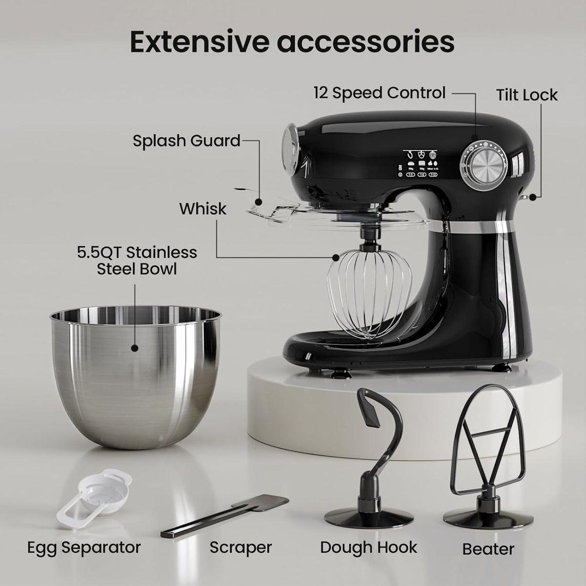Kismile Stand Mixer, 5.5-Quart Electric Mixer with 12 Speeds CF3715 - Grazingbelles