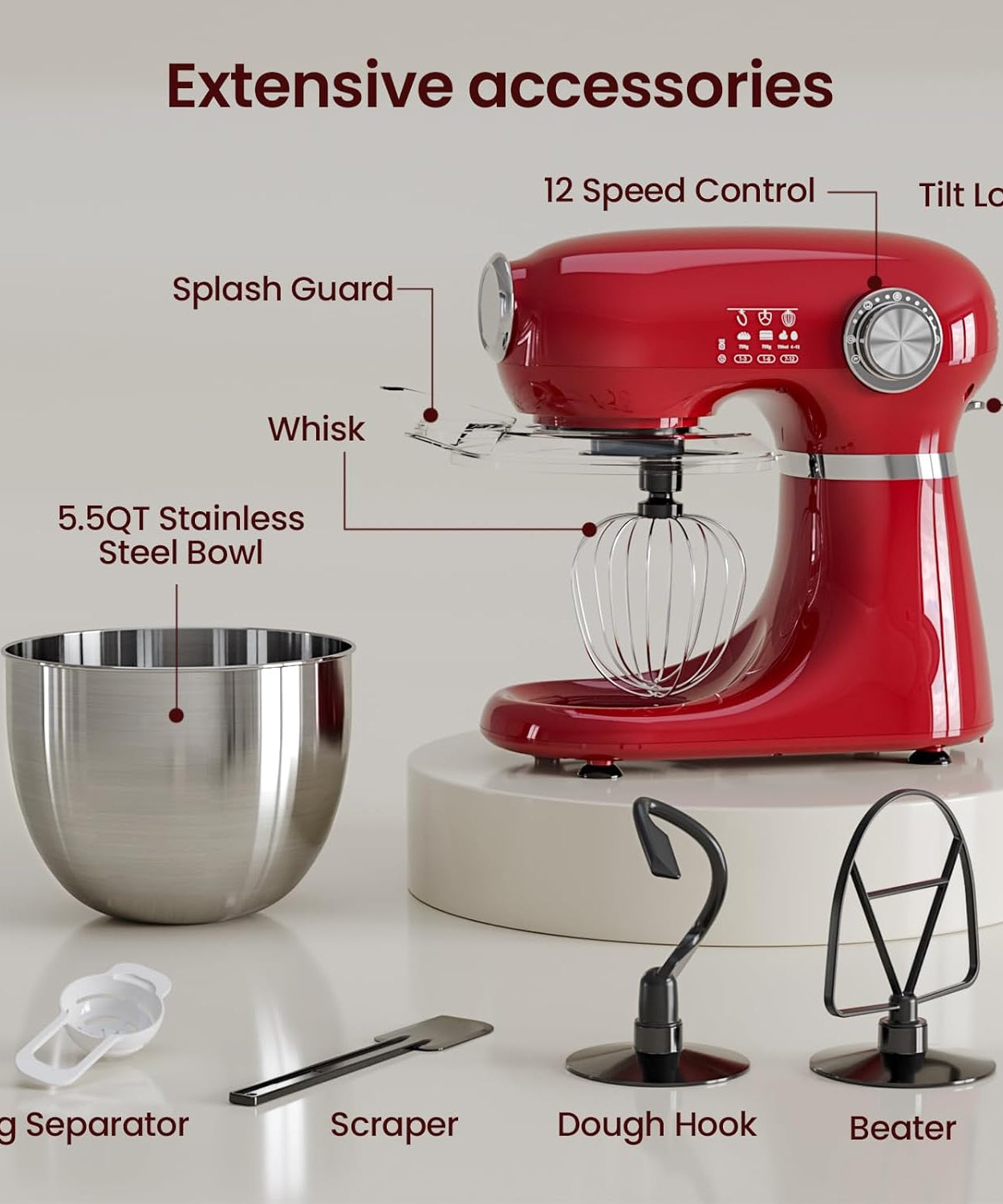 Kismile Stand Mixer, 5.5-Quart Electric Mixer with 12 Speeds CF3715 - Grazingbelles