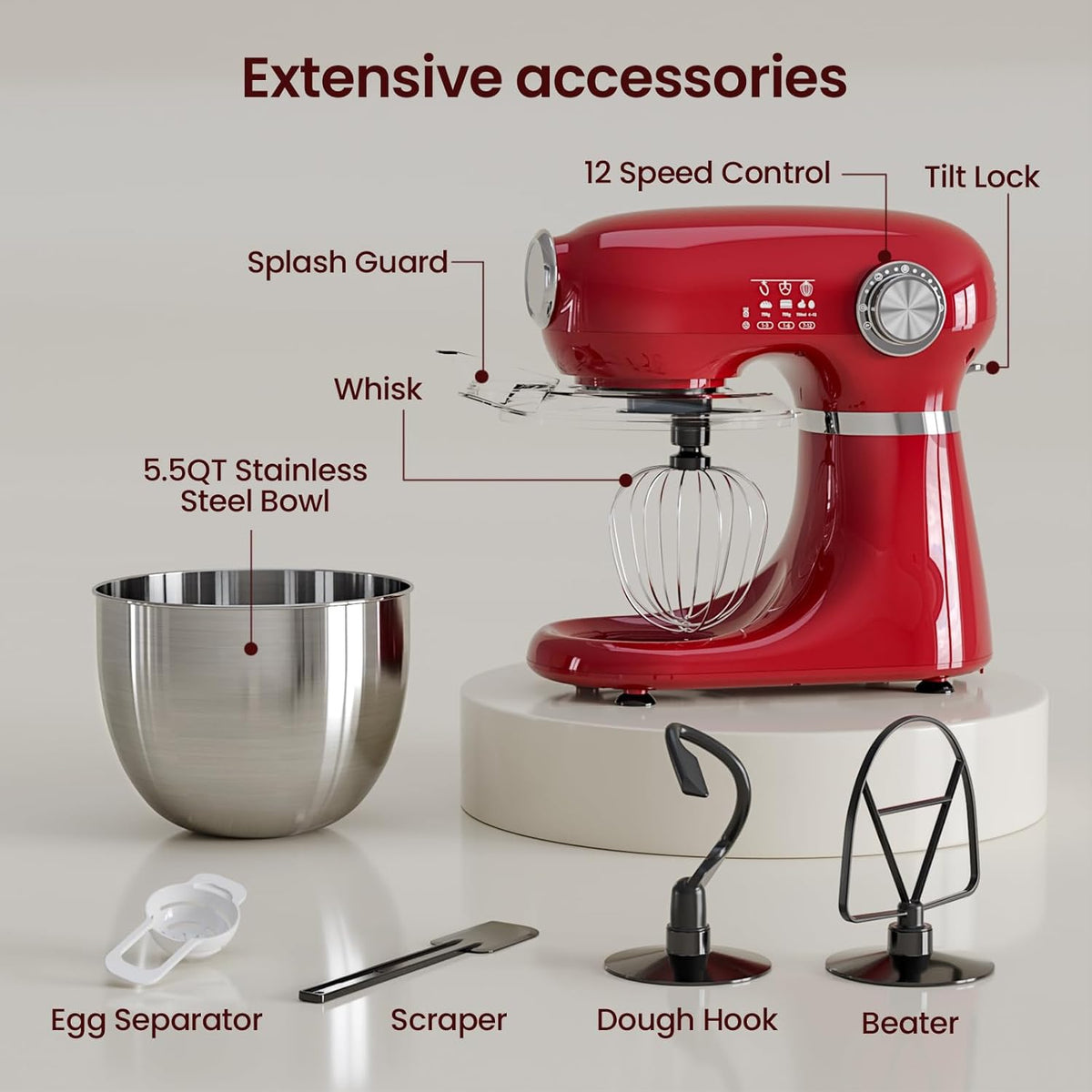 Kismile Stand Mixer, 5.5-Quart Electric Mixer with 12 Speeds CF3715 - Grazingbelles