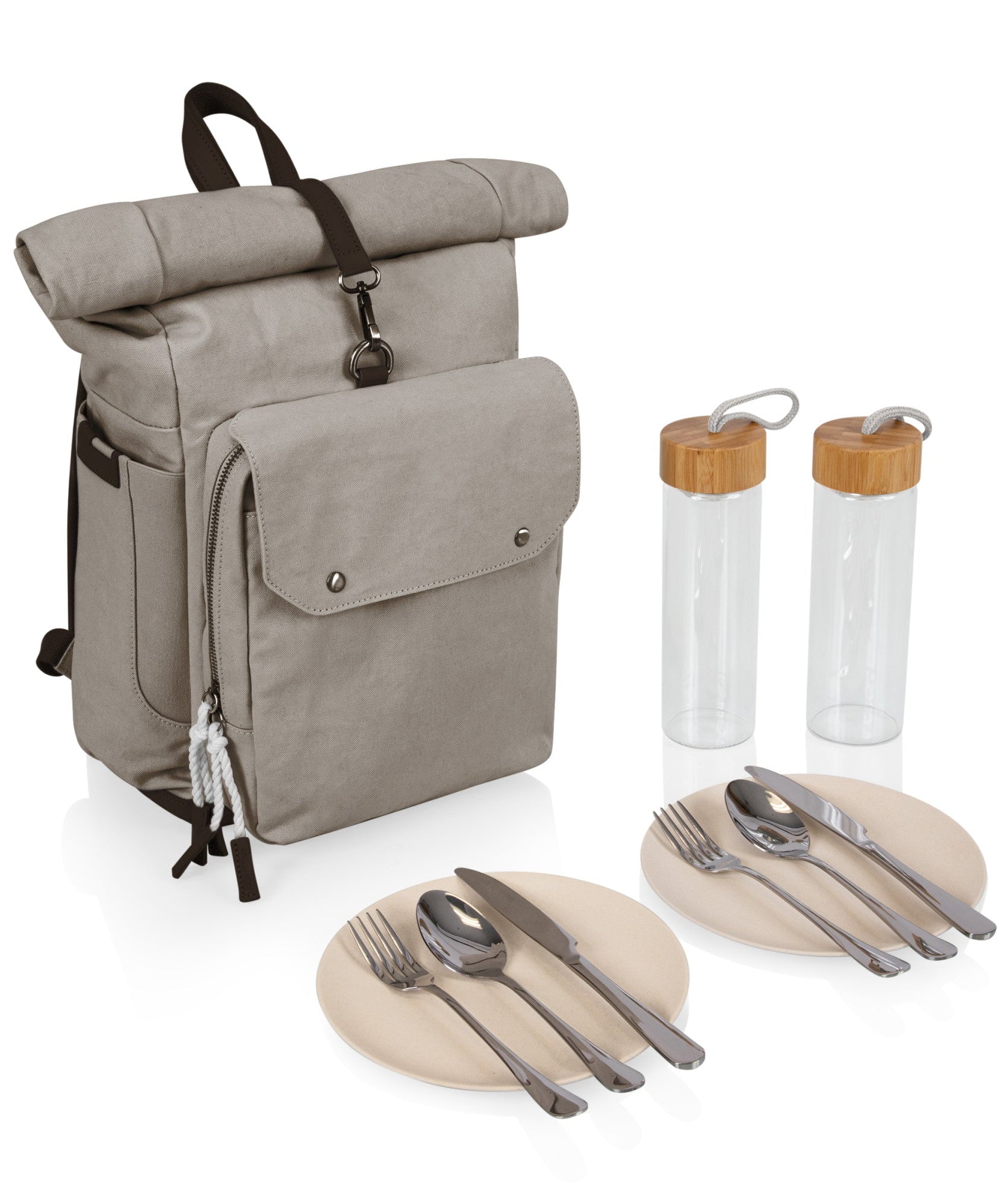 Carmel Roll Top Picnic Backpack Cooler with Utensil Set & Glass Water Bottles