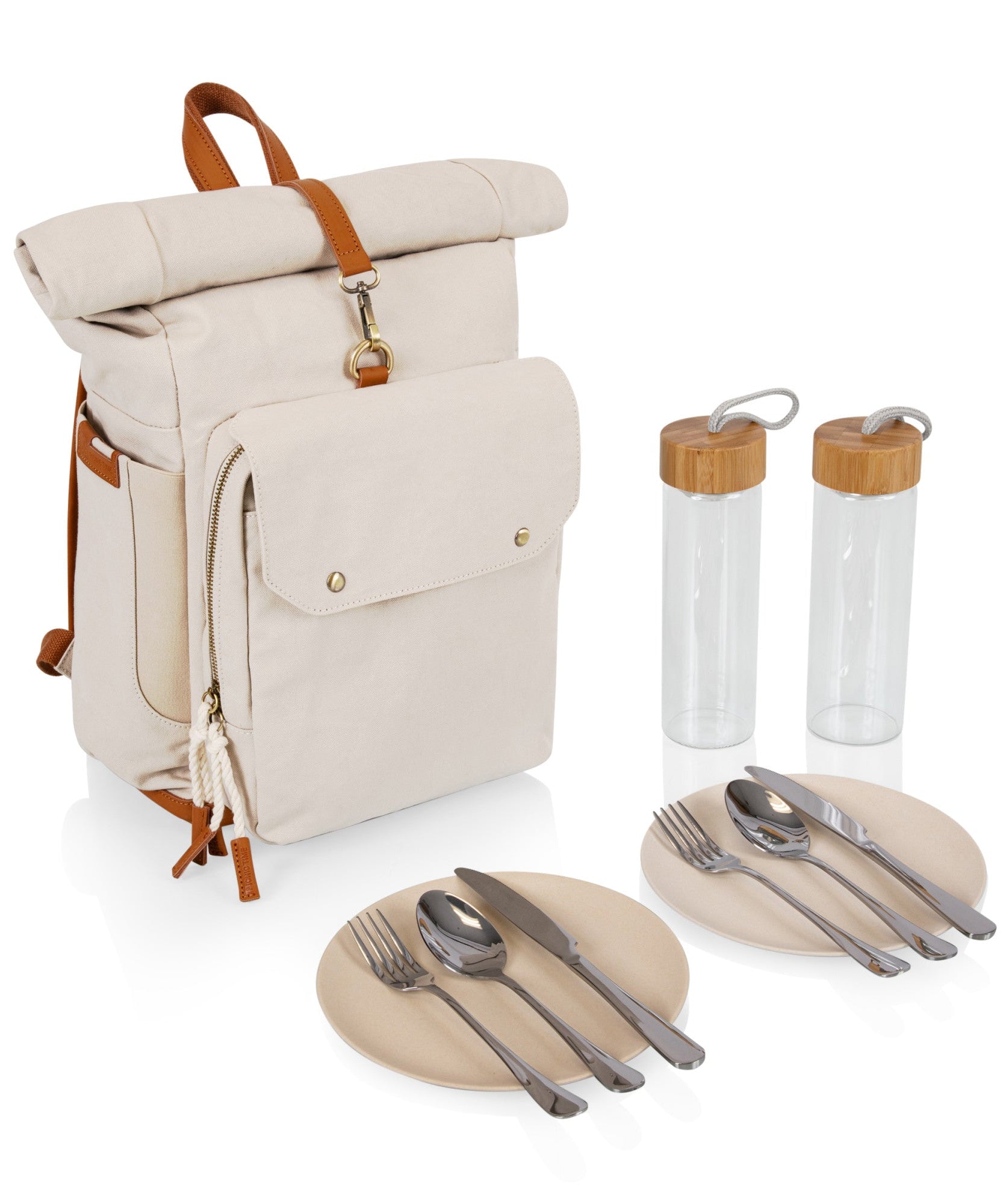 Carmel Roll Top Picnic Backpack Cooler with Utensil Set & Glass Water Bottles